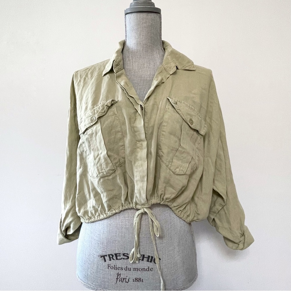 Revolve Young Fabulous and Broke cropped cargo safari shirt light green blouse